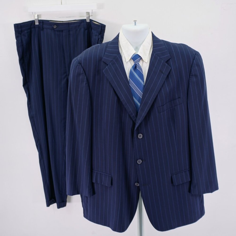 Tommy Hilfiger Blue Striped Wool 2 Piece Suit 46R 40 / 28.5 3 Button High Rise P
